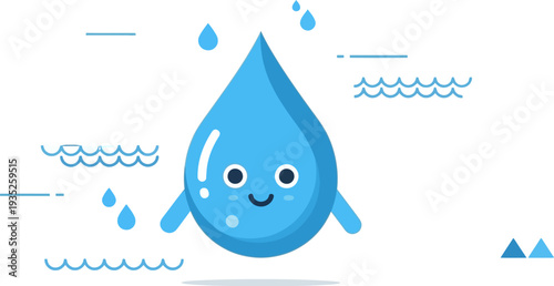 Cute cartoon water drop character with a cheerful expression, set against a light blue background with simple wave and line graphics