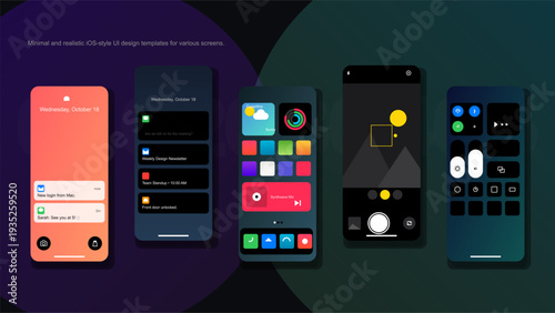 Modern mobile user interface design templates featuring lock screen notifications home screen widgets camera app and control center layout