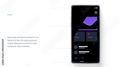 Smartphone mockup with dark user interface design for financial tracking app showing income and expenses on white background