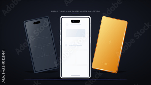 Modern smartphone collection with blank screens and back view showing triple camera setup on dark background