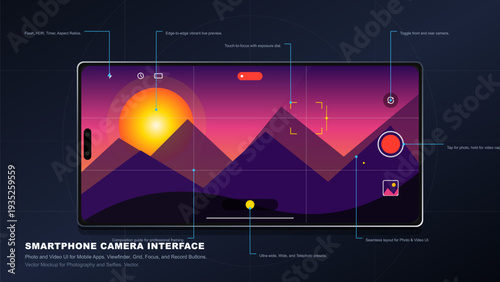 Smartphone camera application interface with viewfinder showing sunset mountain landscape and user interface controls