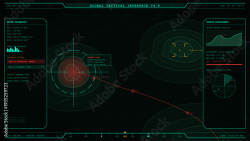 Futuristic military drone tactical interface with radar telemetry and target tracking data on dark background