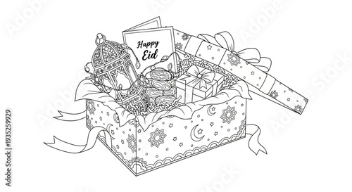 Open Gift Box Filled with Presents, a Traditional Lantern, and a Happy Eid Card, Celebrating the Festive Occasion on an Isolated White Background.