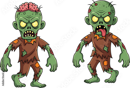 Scary cartoon zombie collection featuring punk undead boys with pink afro and blue mohawk hair, creepy brain zombie, and birthday party monster vector illustration.