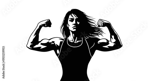 Strong and Muscular Woman Flexing Her Bicep, Depicting Strength and Empowerment on an Isolated White Background.