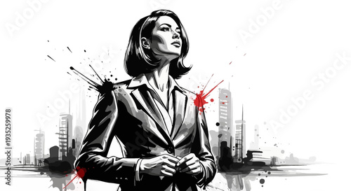 Confident and Powerful Business Woman in a Suit Standing Proudly Against an Abstract City Skyline Background.
