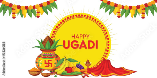 Happy Ugadi Festival India Graphic – Kalash with Coconut, Mango Leaves, Fruits, Sweets, Lamp, and Garlands
