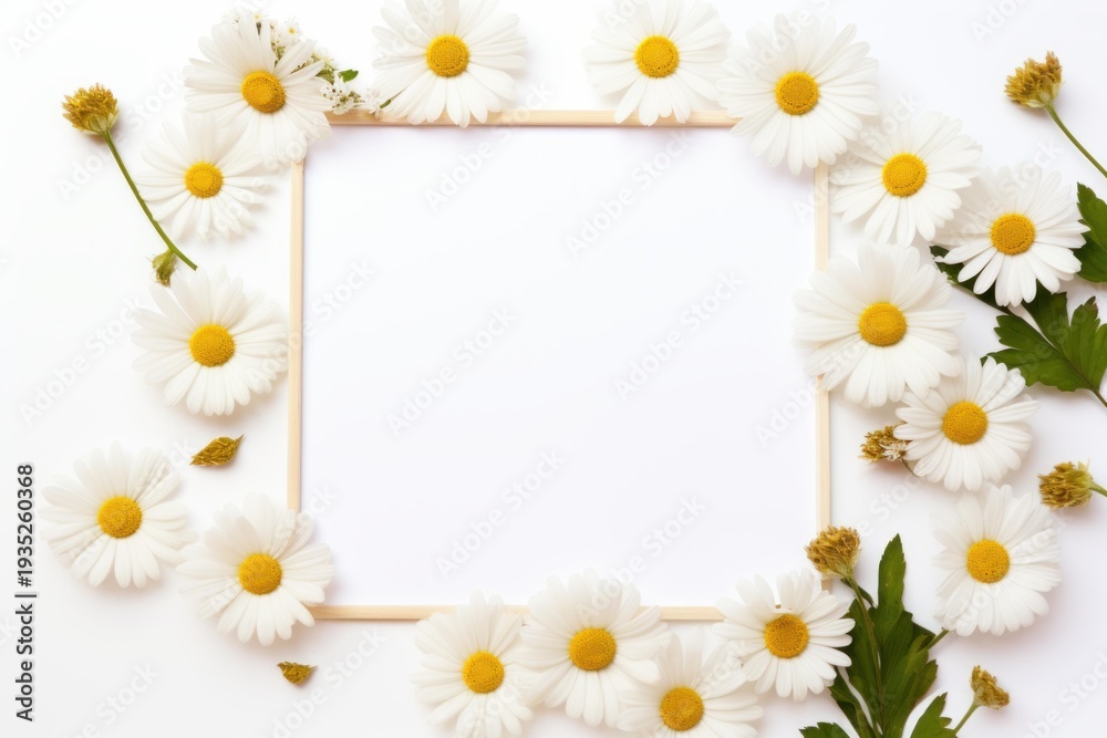 Fototapeta premium Daisy flowers creating a floral border around a wooden frame on a white background