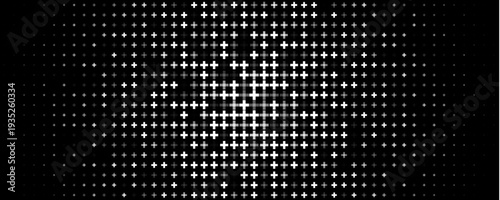 Plus halftone grid with radial glow, tech pulse vibe. Cross pixels create light center. Topics technology, data. Use background, banner, UI, presentation. Monochrome geometric. Vector illustration.