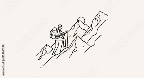 Minimalist Line Art of People Climbing a Steep Mountain Peak with Backpacks and Climbing Gear on a Bright Studio Background
