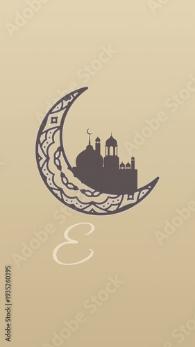 eid mubarak Crescent moon embracing a mosque silhouette with intricate patterns and elegant calligraphy on a warm background