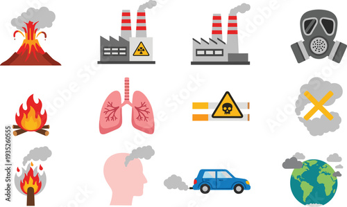 Air Pollution and Environmental Hazard Icons Set, Industrial Smoke Emission, Toxic Gas, Global Warming Concept Vector Illustration Collection