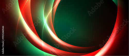 Abstract design features vibrant curves, red, green hues. Light streaks create dynamic, modern visual impact. Dark background emphasizes glowing elements.