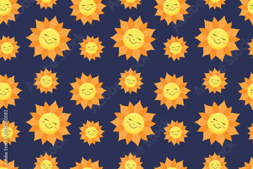 Cute smiling sun seamless pattern with happy cartoon sunshine faces and orange rays on dark blue background playful kids illustration repeating design