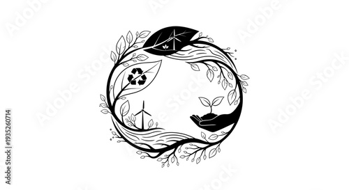 Circular Eco-Friendly Design with Environmental and Sustainability Symbols, Isolated White Background.