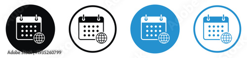Calendar icons combined with a globe symbol, suitable for international events, global scheduling, worldwide holidays, and time zone management applications.