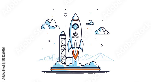 Rocket launching into space from a launchpad with a city skyline in the background on an isolated white background.