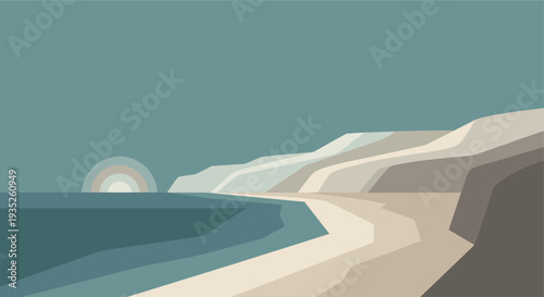 Serene minimalist landscape illustration featuring a sandy beach, cliffs, ocean, and stylized sunset in muted, pastel colors, perfect for backgrounds or peaceful designs.