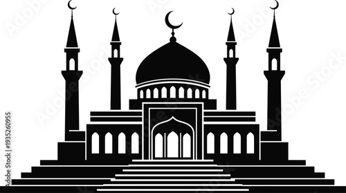 Islamic mosque silhouette, central dome, crescent moon, minarets, religious architecture, cultural heritage, black and white, Islamic art, spiritual design