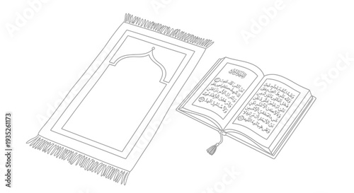 Islamic Prayer Mat and Open Holy Quran Book on an Isolated White Background with a Spiritual Mood