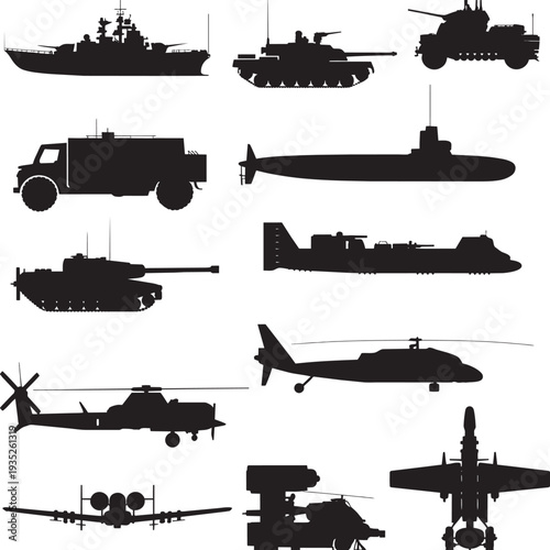 Military Vehicles Silhouette Set – Tank, Submarine, Helicopter, Fighter Jet, Warship Vector Collection