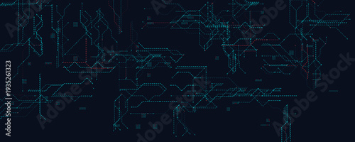 Digital Tech Grid With Blue and Red Lines. Futuristic circuit layout ideal for data, AI, and cybersecurity themes. Glowing dotted paths on dark background. Clean modern design. Vector illustration.