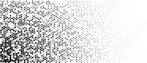 Halftone hexagon honeycomb gradient abstract background, monochrome geometric dots for tech science branding, web app UI, poster cover, packaging, presentation, print use. Vector illustration