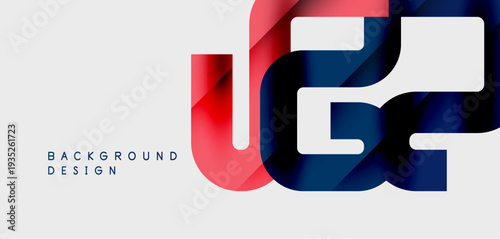 Abstract graphic design features layered shapes, bold colors. Red, blue hues create modern visual impact. Minimalist style.