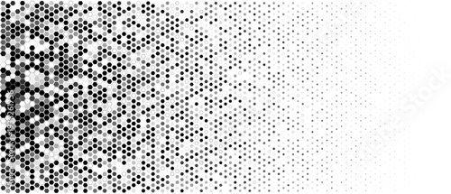 Abstract Halftone Hexagon Background, Monochrome Honeycomb Pattern Fading To Dotted Gradient With Copy Space On Right. Modern Geometric Tech Style. Vector Illustration
