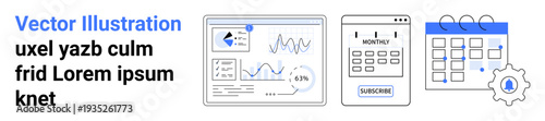 Business operations, project timelines, data monitoring, website management, analytics, tools. Visual of graphs, form fields and a calendar. Data monitoring and business operations imagery