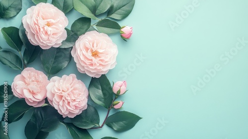 A serene composition of soft pink flowers and green leaves against a light blue background