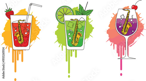 Colorful Cocktail Drinks with Saxophone Illustration Set Featuring Strawberry, Lime and Cherry Beverages with Artistic Splash Background