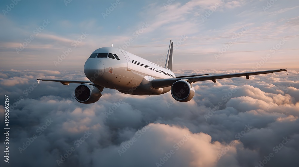 Obraz premium A commercial airplane flying through the clouds at sunrise or sunset