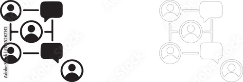 Community network vector icon. Sсheme of people's profiles and dialogue bubbles. 