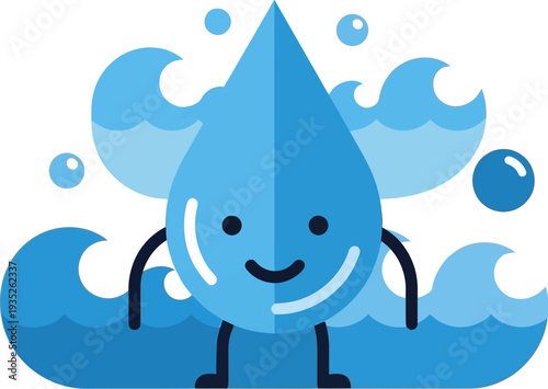 Friendly Blue Water Drop Character Waving Happily Amidst Refreshing Waves and Bubbles, Symbolizing Cleanliness, Freshness, and Water Conservation Efforts