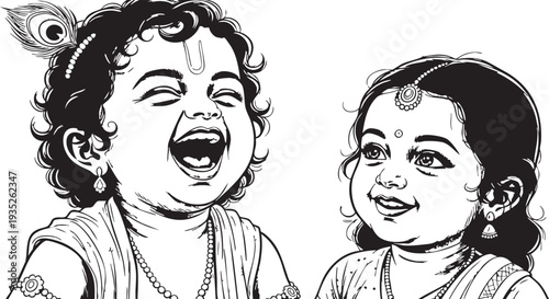 Hindu Children Illustration Black and White.