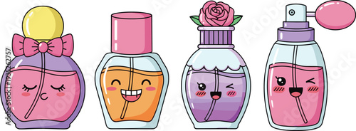 Cute Perfume Bottle Cartoon Collection with Kawaii Fragrance Characters and Cosmetic Beauty Product Vector Illustration Set