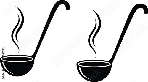 Hot soup ladle silhouette, steaming kitchen utensil, cooking tool vector, food preparation concept, culinary design element, restaurant menu illustration