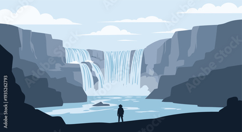 A stylized illustration depicting a person standing before a large waterfall in a mountain setting, in shades of blue, conveying peace and wonder.