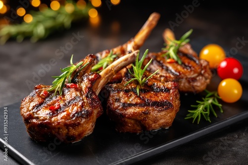 Elegant Presentation of Grilled Lamb Chops with Fresh Herbs and Colorful Garnishes