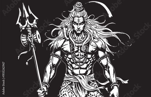 Angry Lord Shiva - Hindu God Shiva with Trident and Crescent.