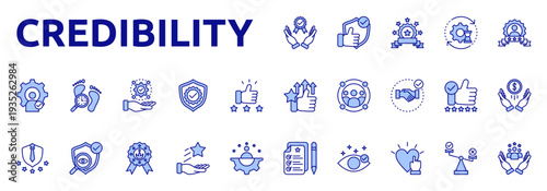 Credibility icon set color lineal style with reliable, believable, consistency, reputation, specialist, track record, responsibility icons