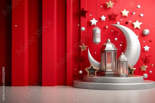 Elegant 3D Decorative Scene for Eid al-Adha Celebration in Rich Crimson Hue