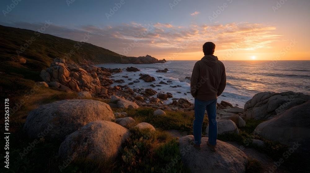 Obraz premium Solitary man observes a breathtaking sunset over the ocean from a rugged rocky coastal landscape at dusk
