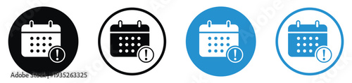 Calendar with exclamation mark warning icon. Set of circular symbols representing urgent deadlines, appointment alerts, pending notifications, and schedule reminders in blue and black.