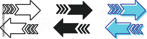 Stylized directional arrows collection, outlined solid cyan designs, navigation motion symbols, graphic interface elements, modern arrow illustration, user interface artwork