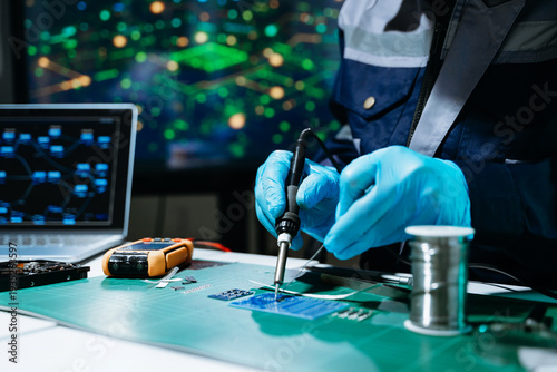 Professional technician soldering PCB circuit board with precision tools in electronics lab, showcasing hardware engineering, manufacturing, repair