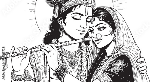 Krishna and Radha Embracing with Flute.