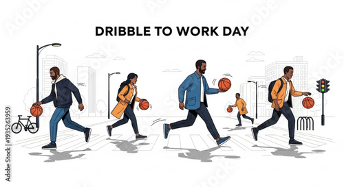 Dribble to Work Day Commuting Basketball Fun Active People Premium Vector Illustration
