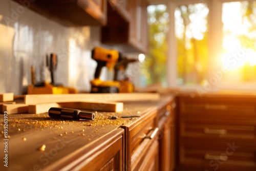 Bright Kitchen Remodeling Scene with Tools and Wood for Carpentry Projects